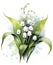 Forest lilies of the valley on white background. Watercolor masterpiece. Twigs and leaves. White spring flowers. Copy space