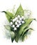 Forest lilies of the valley on white background. Watercolor masterpiece. Twigs and leaves. White spring flowers. Copy space