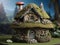 A forest magic house covered with moss with a red fly agaric on the roof.