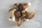 Forest mushrooms Cep mushroom, Boletus, Borovik on a concrete kitchen table.