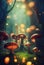 a forest with mushrooms and a fairy standing on a mushroom hill in the middle of the forest with lights shining on them