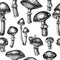 Forest mushrooms seamless pattern background design. Engraved style. Hand drawn mushrooms, fly agaric.