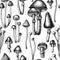 Forest mushrooms seamless pattern background design. Engraved style. Hand drawn mushrooms, fly agaric, enoki, etc.