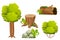 Forest nature elements landscape set with tree, stump, old trunk, bush, stone pile and moss in cartoon style isolated on