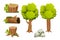 Forest nature elements landscape set with tree, stump, old trunk, bush, stone pile and moss in cartoon style isolated on