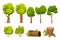 Forest nature elements landscape set with tree, stump, old trunk, bush, stone pile and moss in cartoon style isolated on