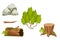 Forest nature elements landscape set with tree stump, sold trunk, bush, stone pile and moss in cartoon style isolated on