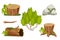 Forest nature elements landscape set with tree stump, sold trunk, bush, stone pile and moss in cartoon style isolated on