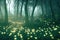 A forest at night, filled with yellow fireflies that light up the darkness. Generative AI