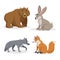 Forest North America and Europe animals set. Wolf, hare, bear and red fox. Happy smiling and cheerful characters. Vector zoo illus