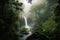 forest oasis with misty waterfall, surrounded by greenery