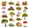 Forest Objects with Tree, Stump, Bush, Mushroom and Mossy Stone Big Vector Set