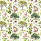 Forest or park: bird, rabbit, tree, leaves, flowers and grass. Repeating pattern. Water color