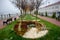 Forest park and dry rivulet bed with fallen leaves in misty autumn. Russia Rybinsk