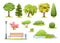 Forest and park trees vector illustration. Cartoon various green summer deciduous and evergreen trees, bushes with