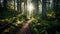 Forest path close-up among the fairy-tale forest. Exploration of forest wildlife. Ai Generative