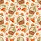 Forest picking mushrooms village seamless pattern. Snail, willow basket, mushroom, rose hip, oak leaf rustic elements fabric