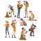 Forest Rangers at Working Set, National Park Service Employee Characters in Uniform Cartoon Style Vector Illustration