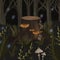 Forest raster, dark illustration. Night forest, blue fireflies, stump with honey agarics. Beautiful illustration for postcards,