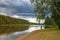 Forest river flowing among pines and firs with a birch in the foreground and a grassy shore and The sky with thunderclouds