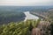 Forest and river landscape aerial view, the Nemunas river near Birstonas, Lithuania