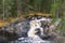 Forest river stream flow view. Deep forest river waterfall stream. Forrest river waterfall scene. Forest river flowing