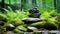 forest scene with a balanced stone cairn surrounded by vibrant green ferns and moss-covered rocks