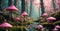 A forest scene with mushrooms and trees, the mushrooms are pink and the trees are green.