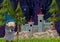 Forest scene at night with a wizard standing beside the castle