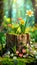 Forest scene with stump and spring flowers. Natural stump for product placement or advertising. Podium for showcasing eco-