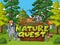Forest scene with word nature quest with wild animals in background