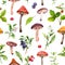 Forest seamless pattern - mushrooms, wild berries, grass, woodland flowers. Botanical plants and fungus. Natural motif