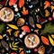 Forest seamless pattern with owl and leaves