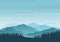 Forest silhouette and morning foggy mountains vector illustration with blue color