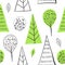 Forest simple sketh drawn hand seamless pattern with tree, foliage, coniferous, spruce, fir. For wallpapers, web