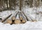 The forest, snow-covered ridges, home heating concept, firewood ready to be taken away, winter time