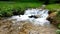 Forest stream running over mossy rocks. Small river waterfall in the spring green woodland.