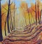 Forest strewn with yellow leaves, oil painting
