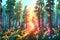 a forest with a sun shining through the trees Radiant Dawn Embracing Tranquility in a Serene Forest