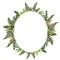 Forest tern watercolor wreath frame design with place for date and text. Bracken grass green border, Forest fern illustration.