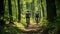 Forest Thrill: Biker Couple Riding Mountain Bikes Amidst Nature\\\'s Beauty