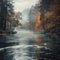 Forest tranquility Foggy morning, river, autumn hues perfect for messaging