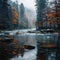 Forest tranquility Foggy morning, river, autumn hues perfect for messaging