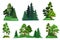 Forest trees. Green fir tree, forests pine composition and isolated trees cartoon vector illustration set