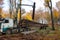 In a forest a truck crane moves logs onto the truck