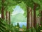 Forest vector landscape flat vector illustration. Woodland scenery, wildlife panorama, lake and mountains, hilly terrain