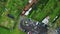 Forest village cars parking top view. Drone green valley countryside environment