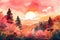 forest watercolor scene with sunset setting, warm hues of pink and orange against a blue sky