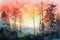 forest watercolor scene with sunset setting, warm hues of pink and orange against a blue sky