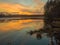 Forest wetland lake at sunset